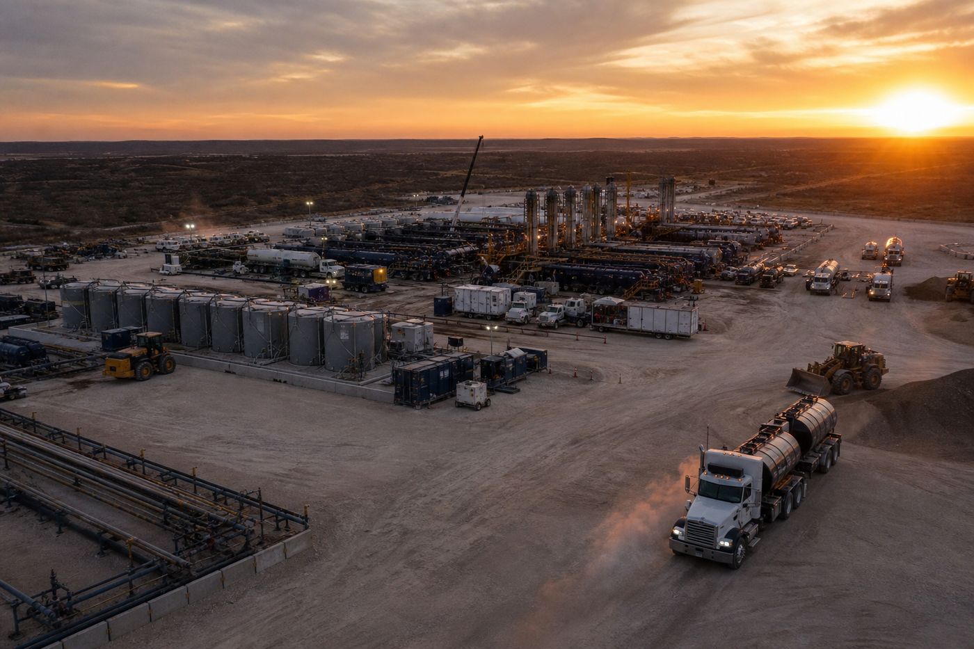 Permian basin oilfield pad served by frac sand and water