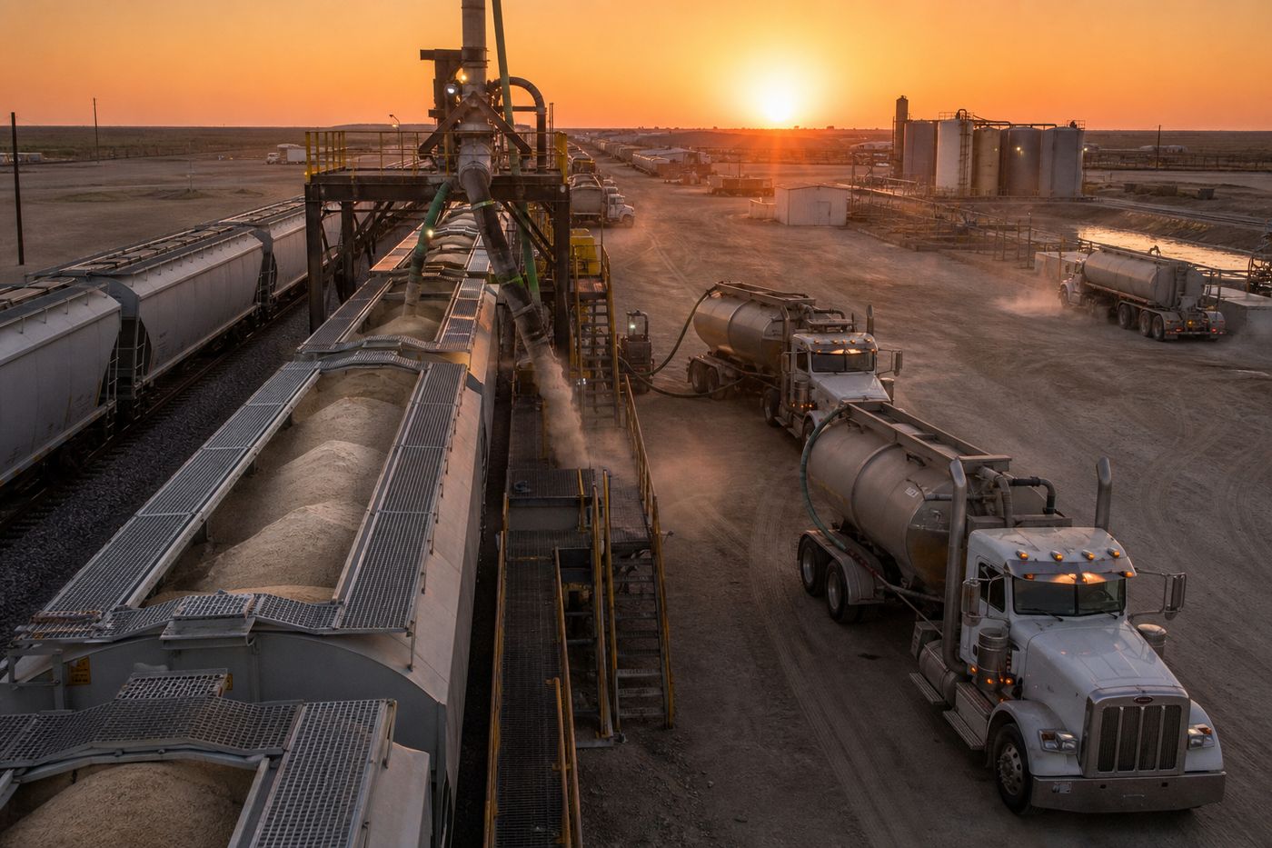 Loaded frac-sand railcars and pneumatic trucks at a transload yard