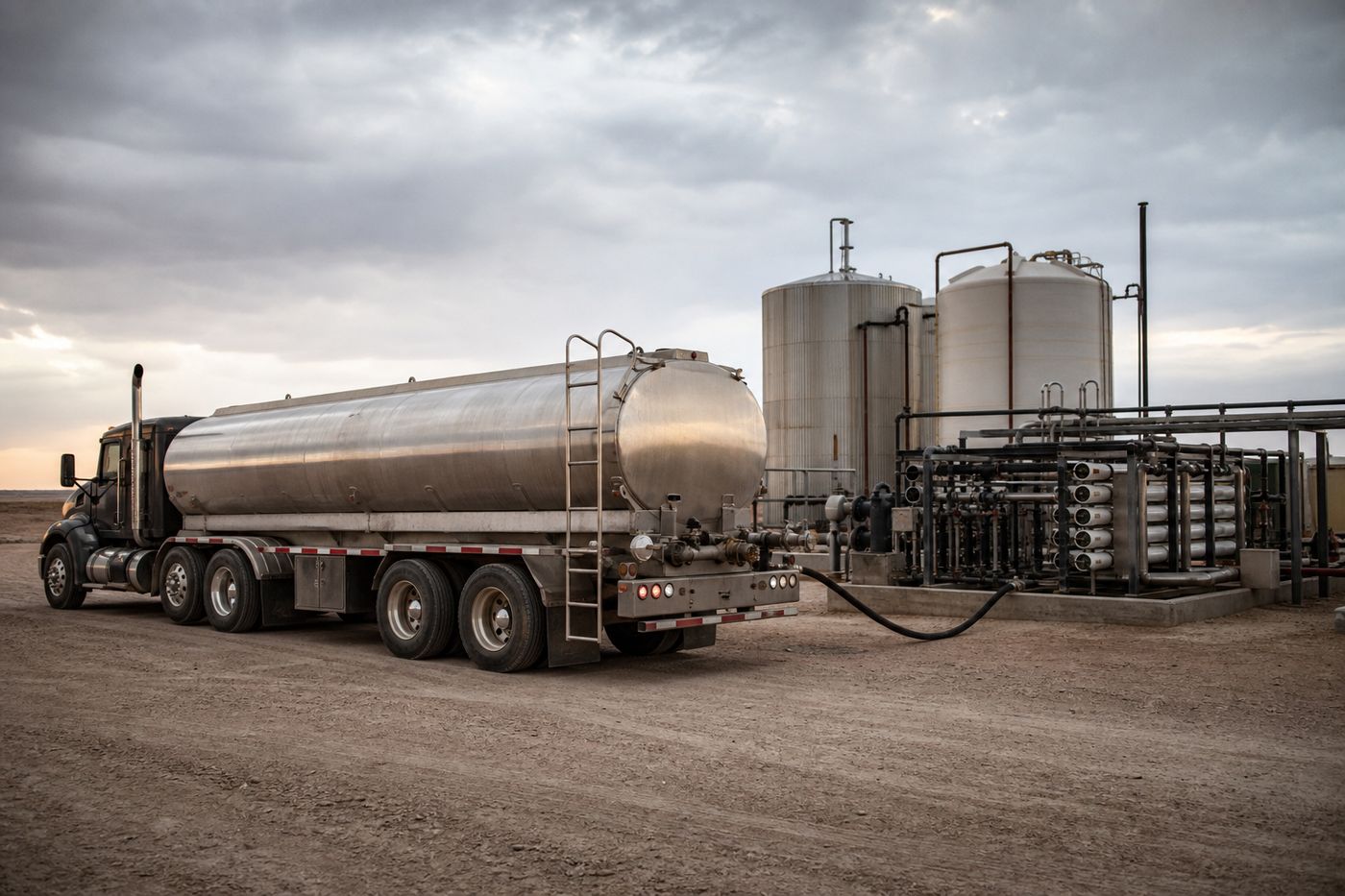 Water tanker truck beside an industrial reverse-osmosis plant